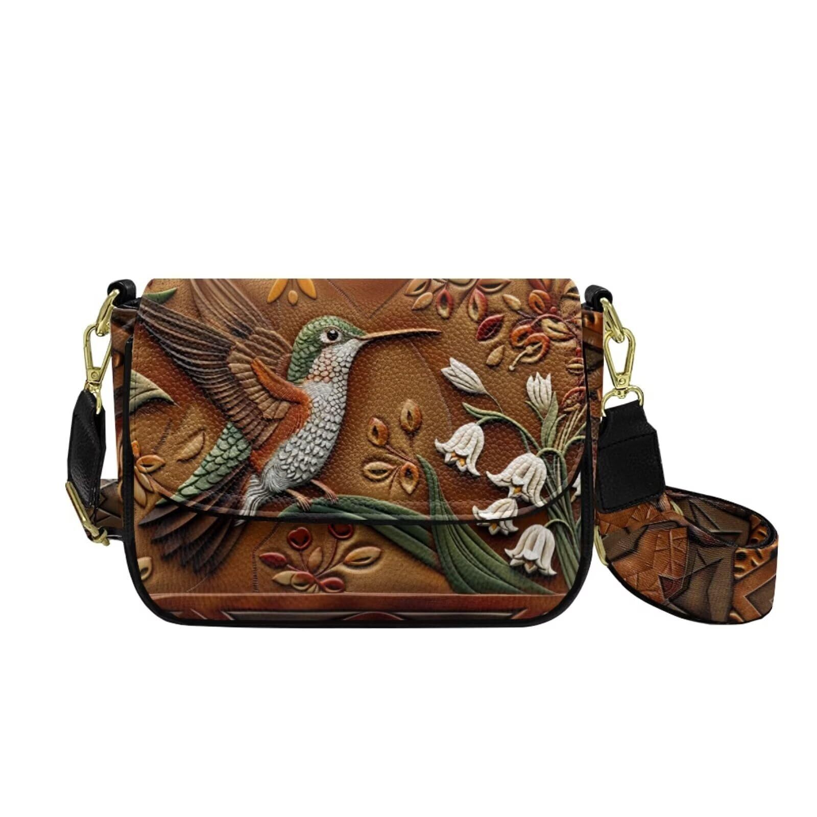 3467 Hummingbird Print Crossbody Bags With Multi Pockets Leather Flap